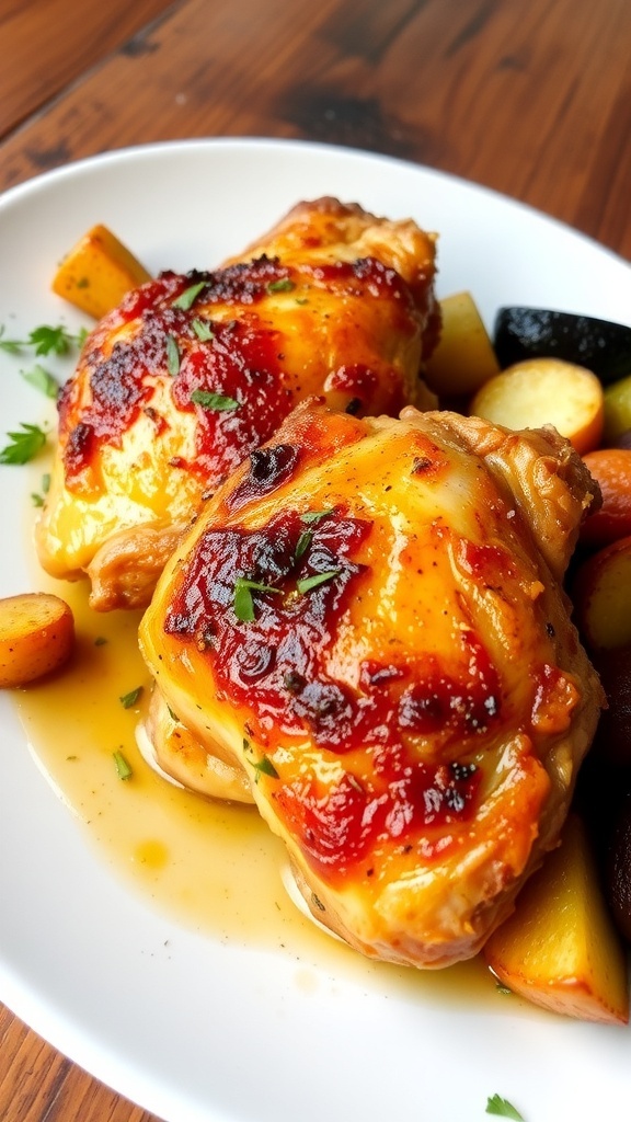 Oven-baked chicken thighs with crispy skin, garnished with herbs, served with roasted vegetables on a rustic table.